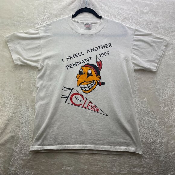 90s Vintage Cleveland Indians Graphic Tee Mens Large Short Sleeve Chief Wahoo - Picture 1 of 6